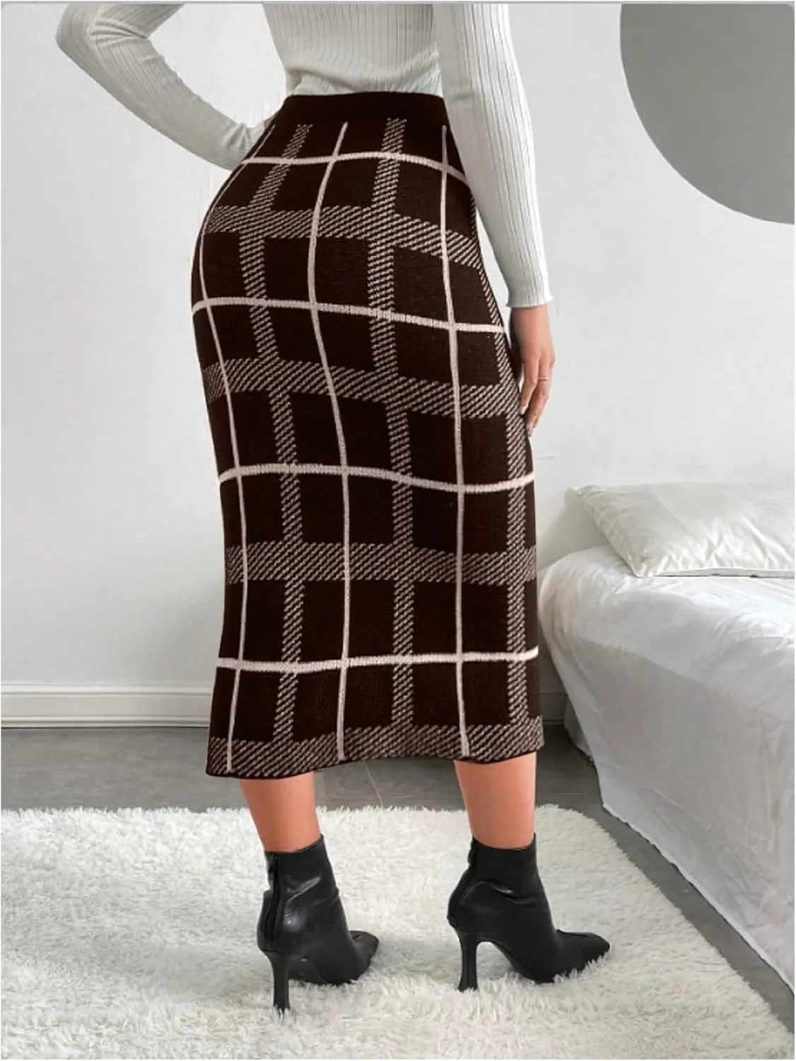 Floerns Women's Elegant Plaid High Waist Slit Side Pencil Skirts Knit Pencil Midi Skirts