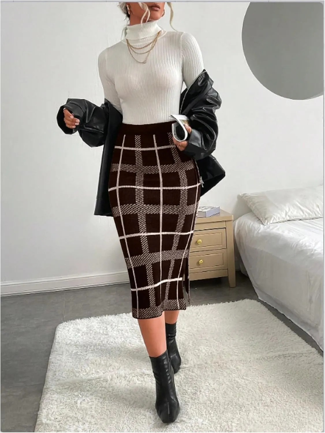 Floerns Women's Elegant Plaid High Waist Slit Side Pencil Skirts Knit Pencil Midi Skirts