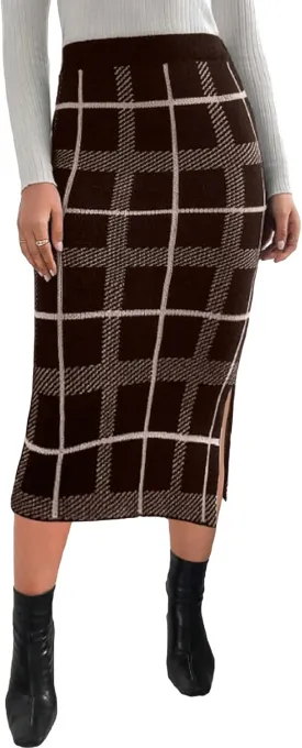 Floerns Women's Elegant Plaid High Waist Slit Side Pencil Skirts Knit Pencil Midi Skirts
