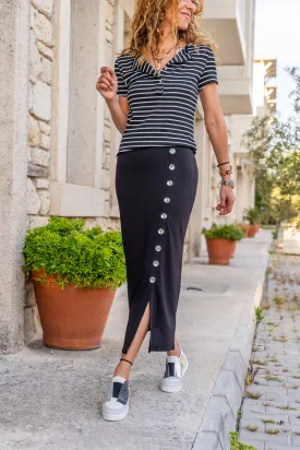 GNS Women's Black High Waist Elastic Buttoned Slit Pencil Skirt BST700-3599 - Molina de Segura