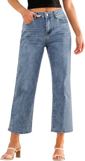GRAPENT Jeans for Women Trendy High Waisted Baggy Straight Leg Stretchy Denim Ankle Pants Cropped Jeans with Pockets