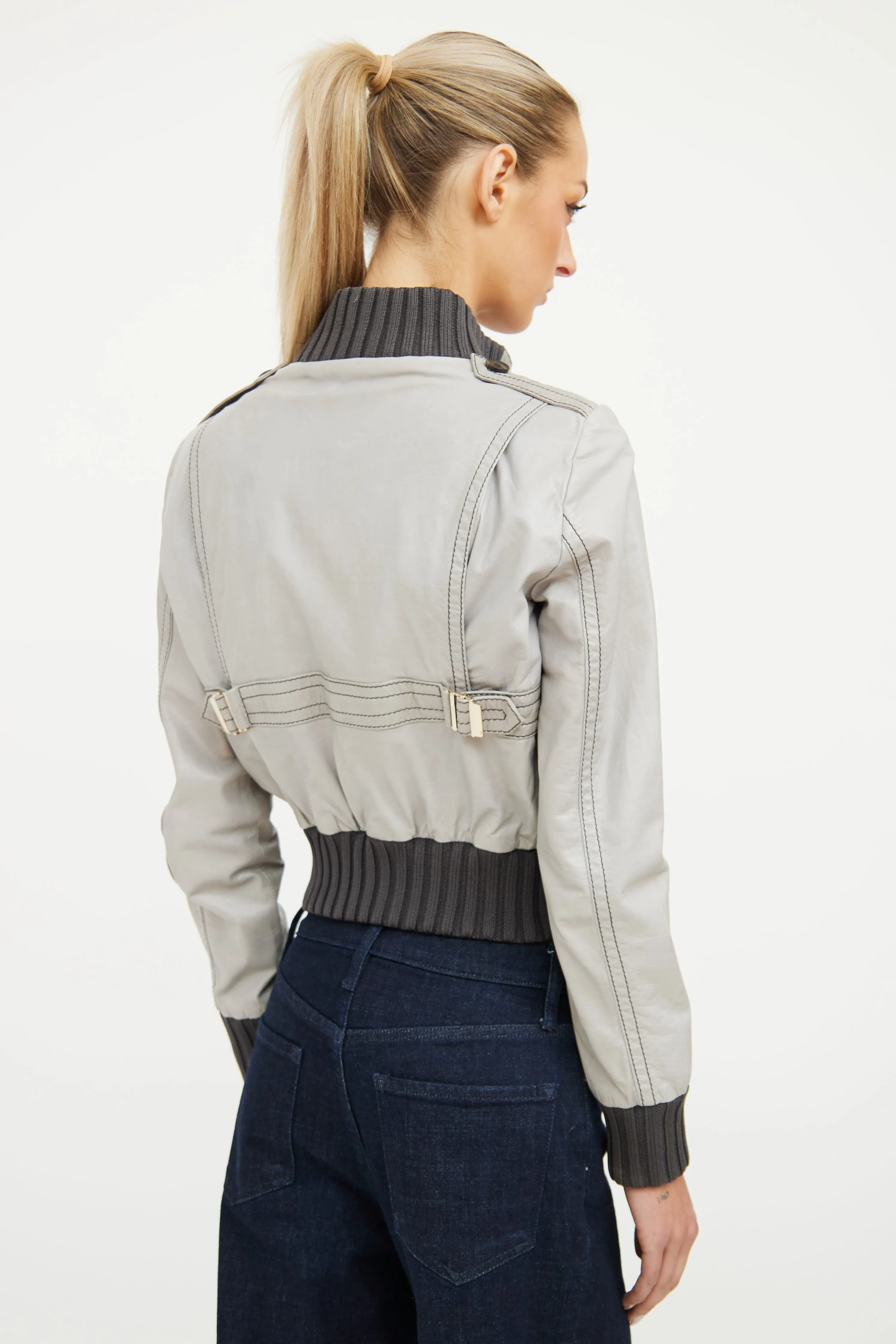Grey & Contrast Stich Leather Jacket