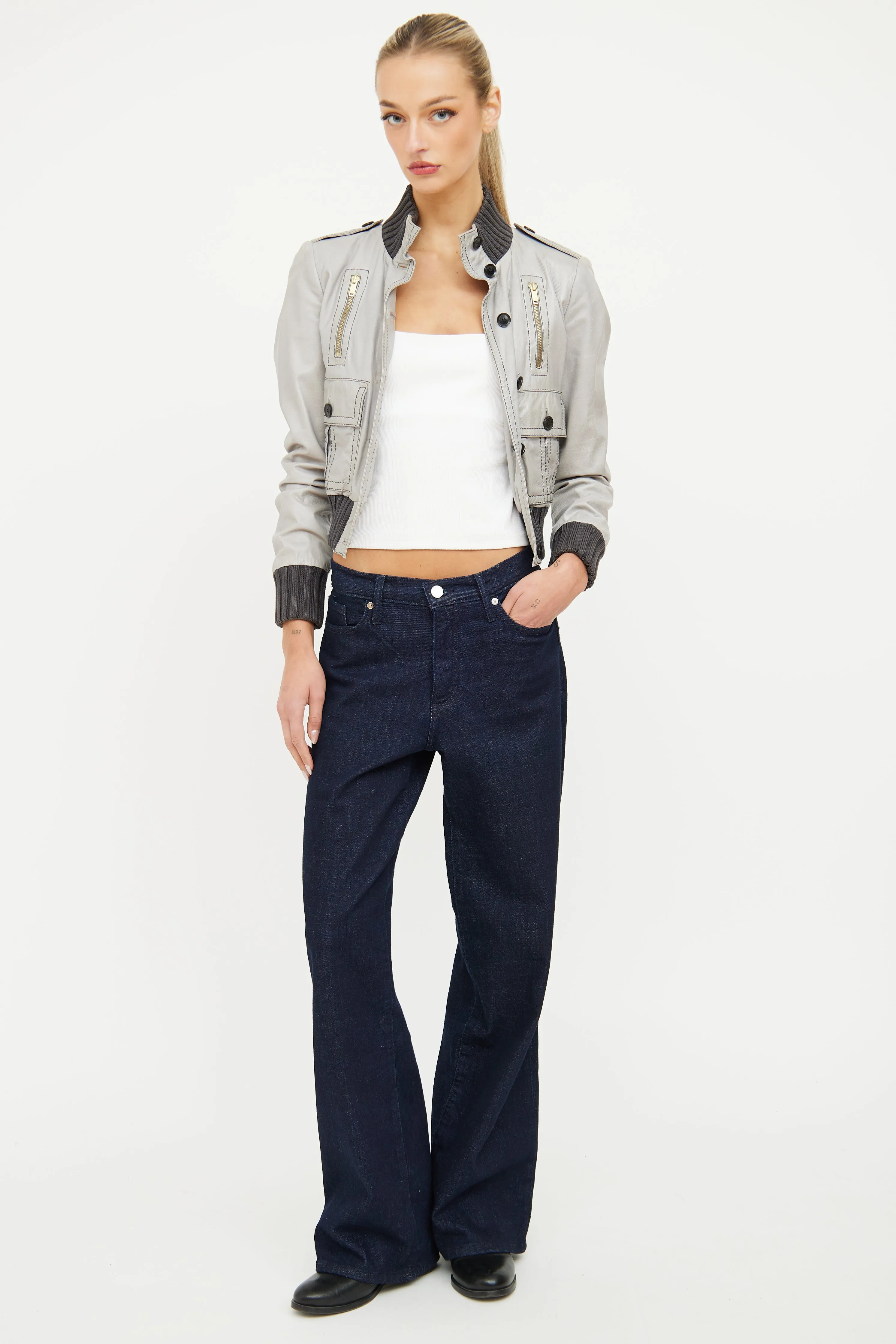 Grey & Contrast Stich Leather Jacket