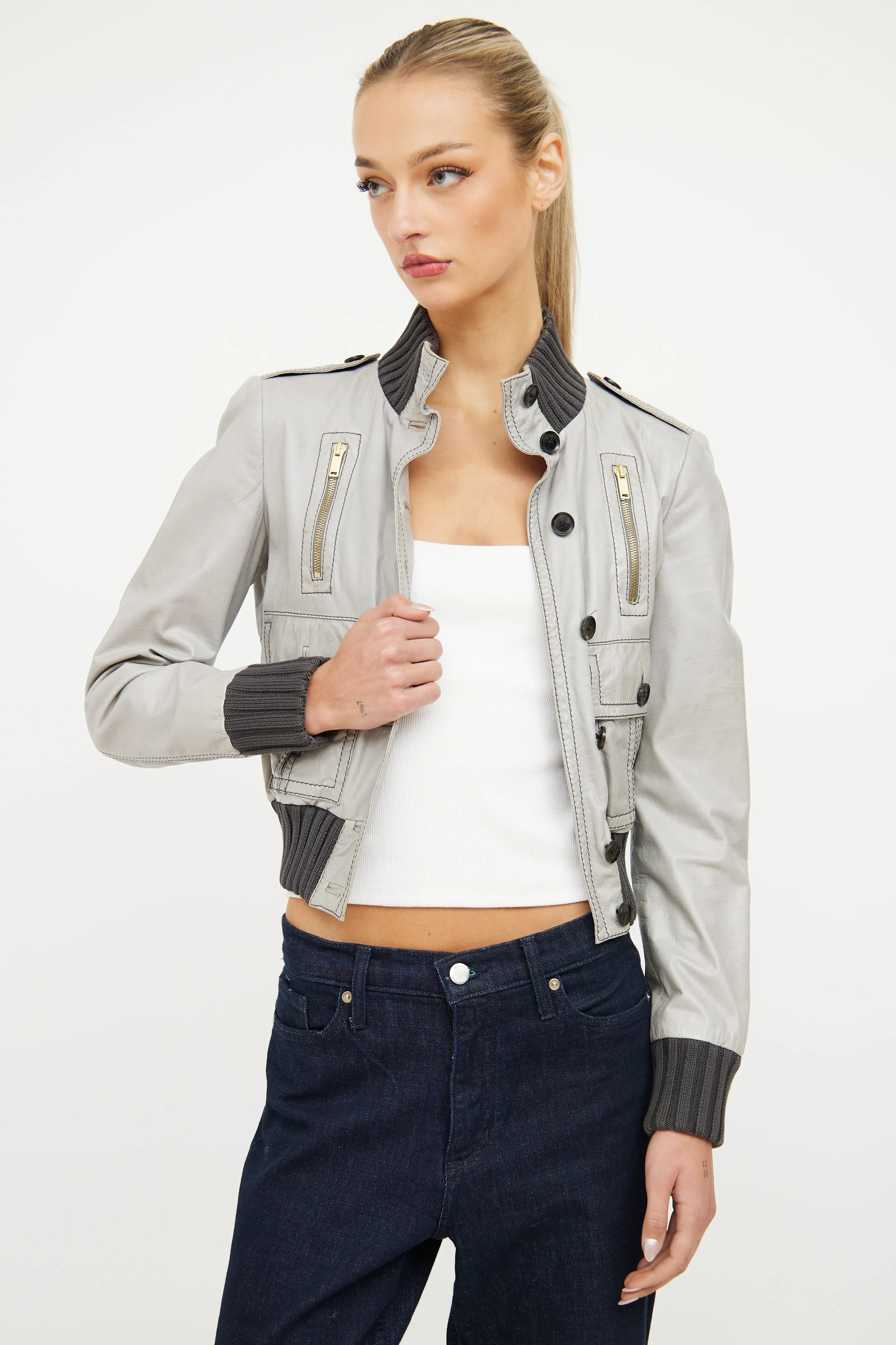 Grey & Contrast Stich Leather Jacket