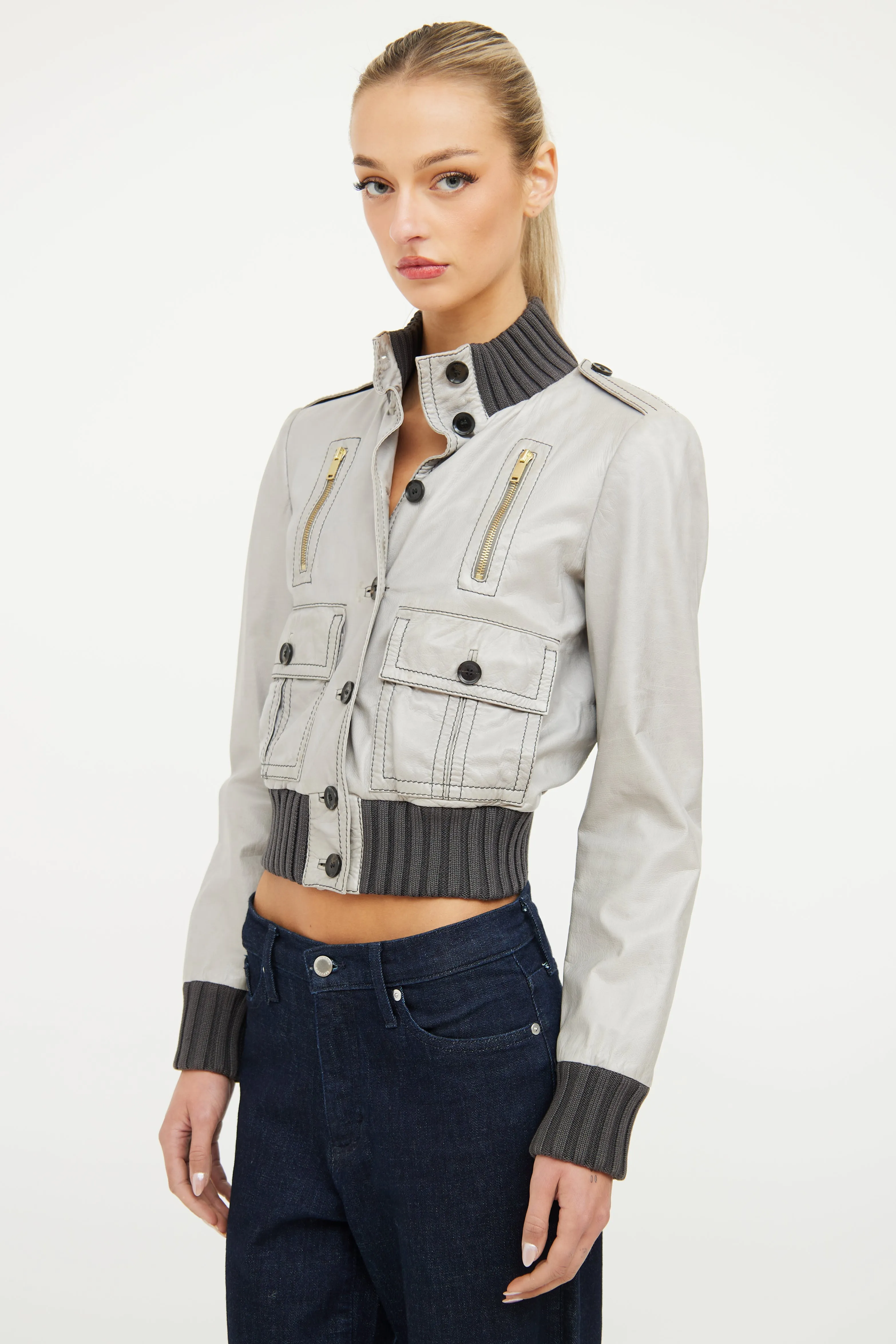 Grey & Contrast Stich Leather Jacket
