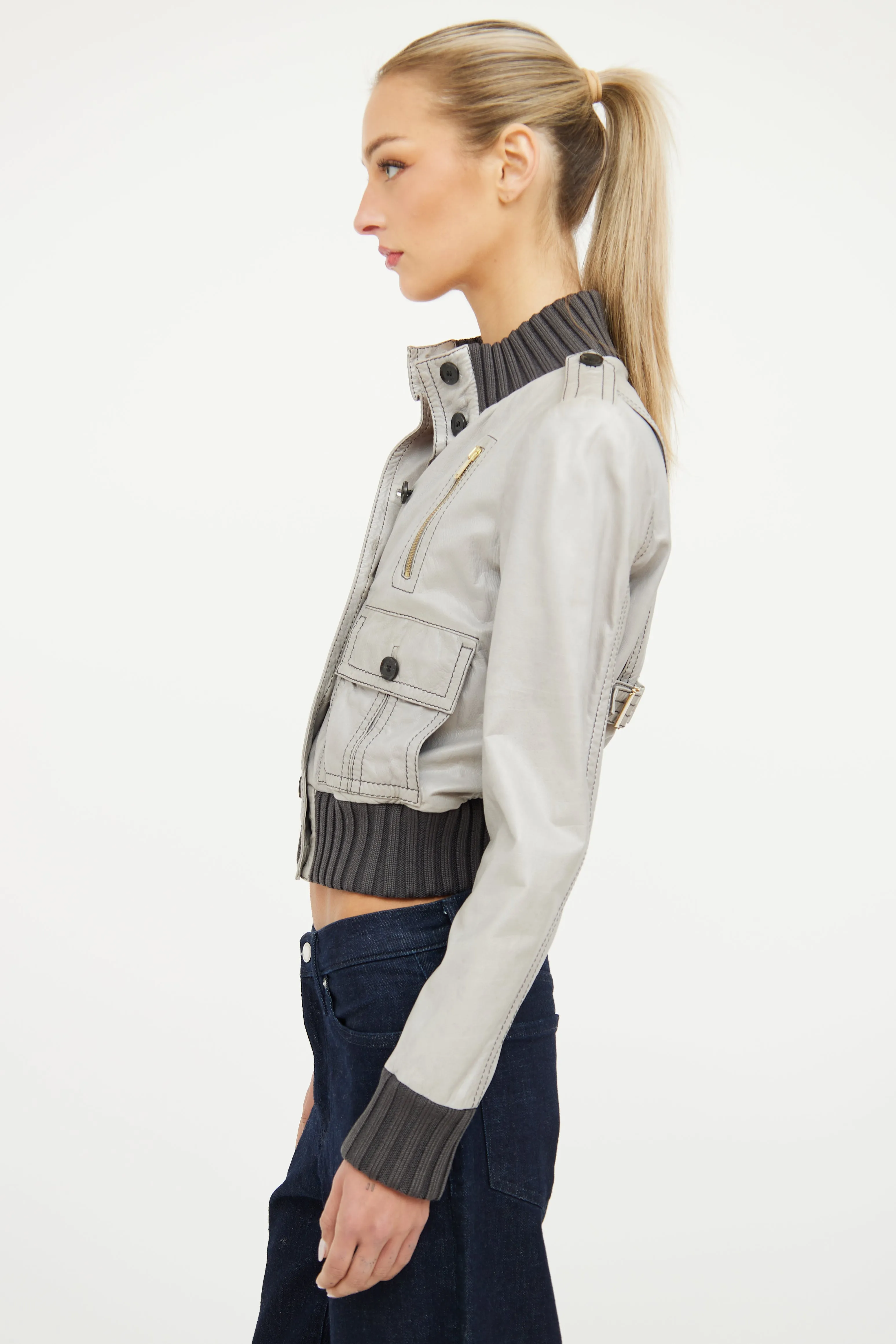 Grey & Contrast Stich Leather Jacket