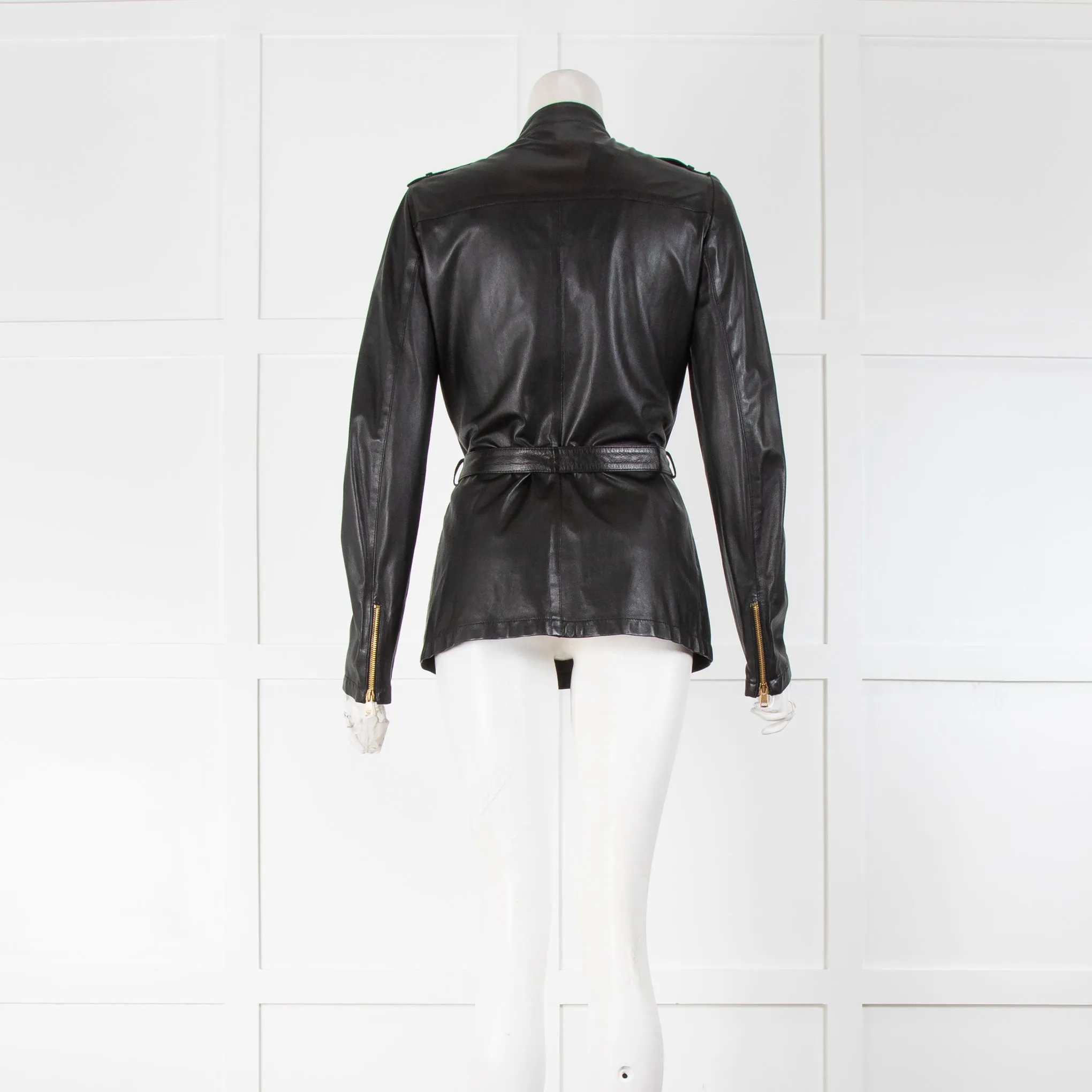 Gucci Black Leather Zip Up Bamboo Detail Belt Jacket