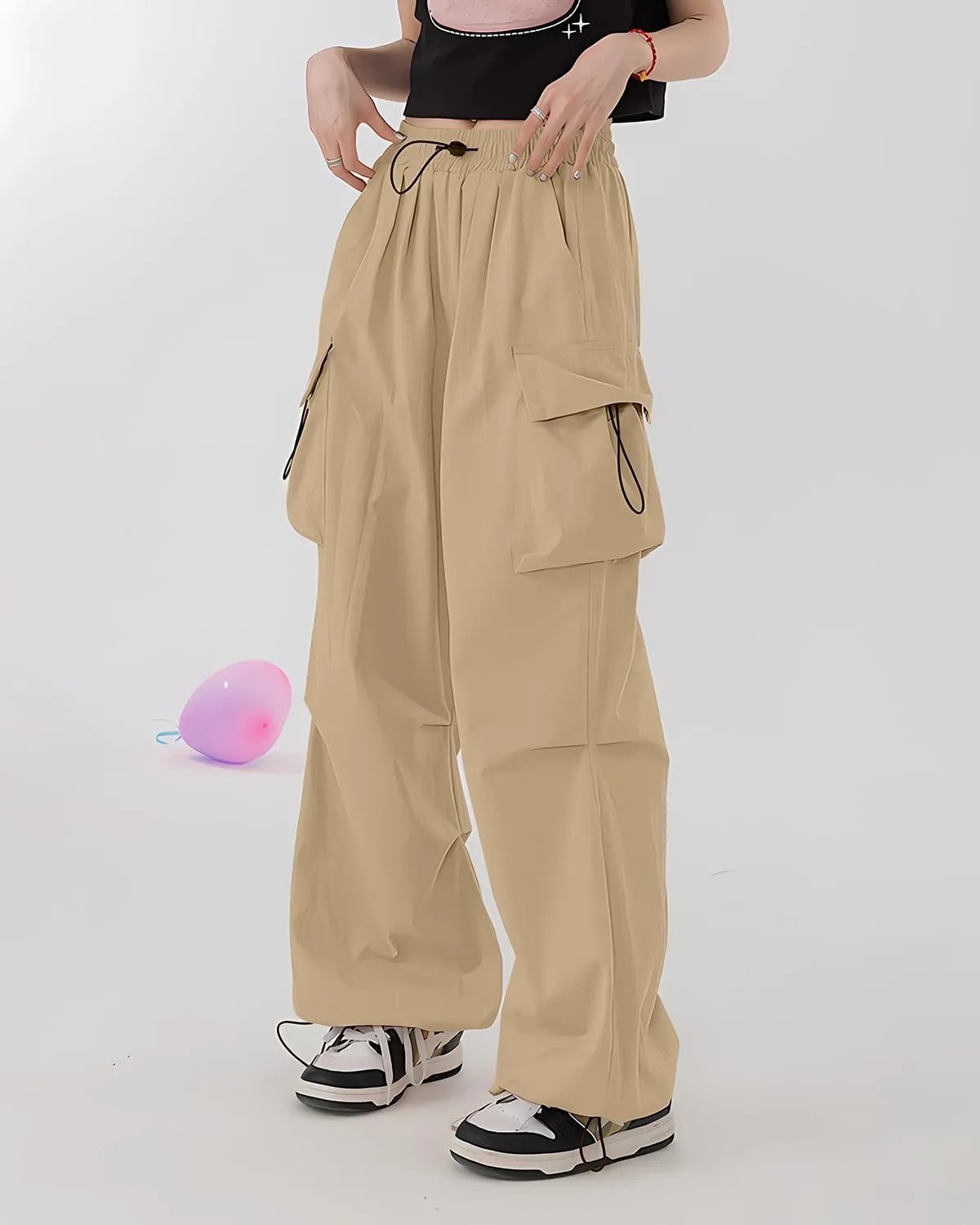 HENGAO Girls Cargo Pants Casual Jogger Loose Fit Streetwear Parachute Pants