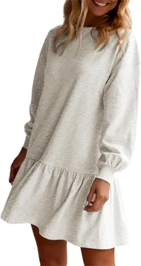 HOULENGS Women's Casual Crew Neck Pullover Sweatshirt Dress Long Sleeve Ruffled Sweatshirt Mini Dresses