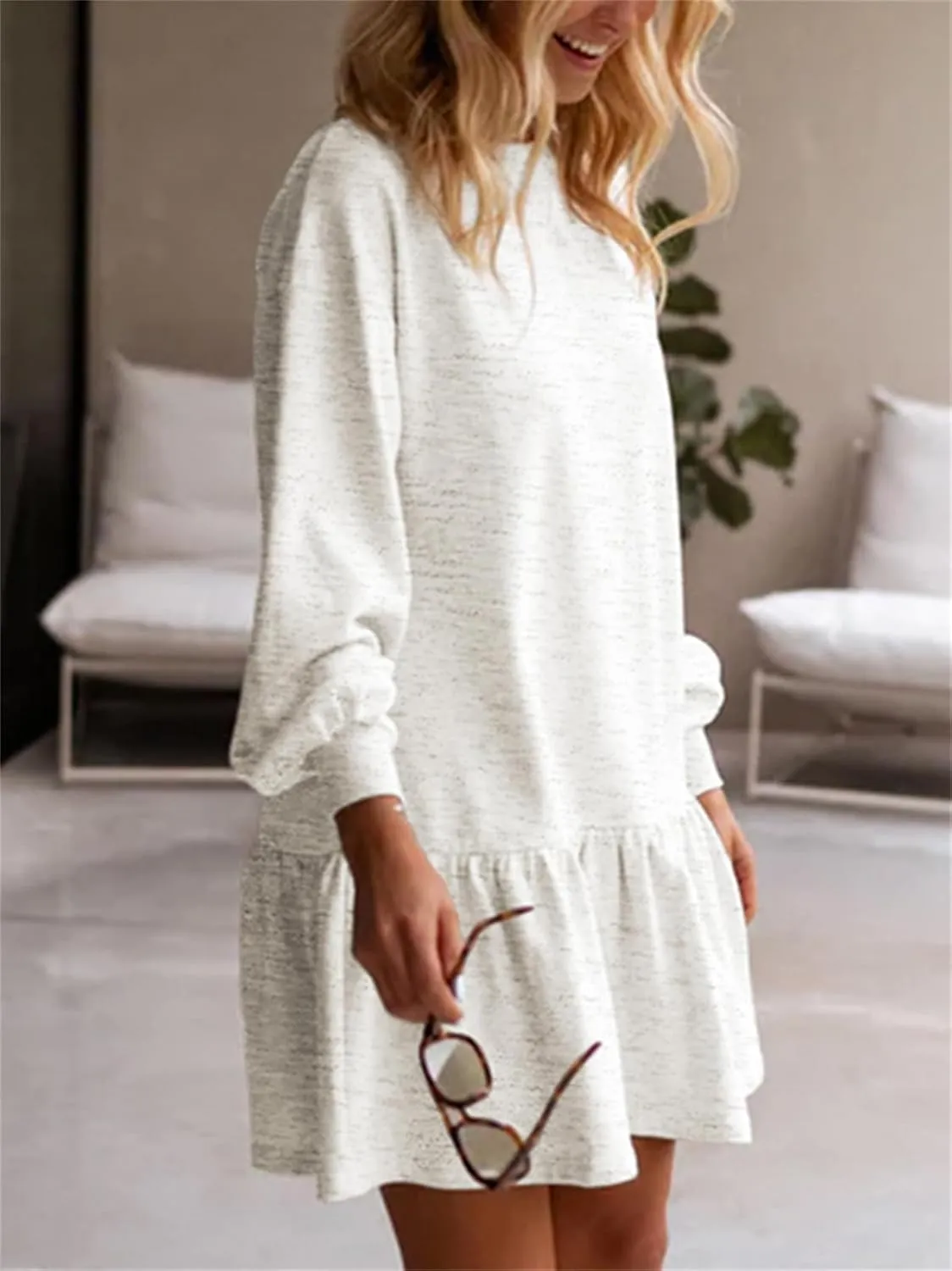 HOULENGS Women's Casual Crew Neck Pullover Sweatshirt Dress Long Sleeve Ruffled Sweatshirt Mini Dresses