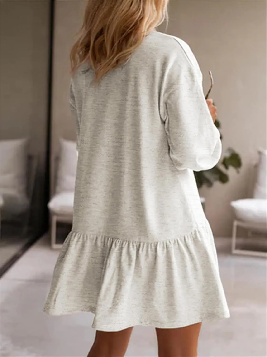 HOULENGS Women's Casual Crew Neck Pullover Sweatshirt Dress Long Sleeve Ruffled Sweatshirt Mini Dresses