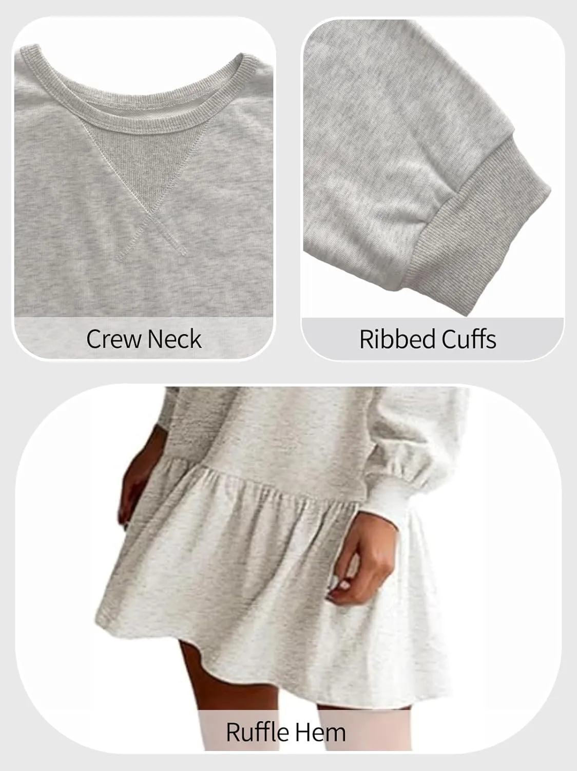 HOULENGS Women's Casual Crew Neck Pullover Sweatshirt Dress Long Sleeve Ruffled Sweatshirt Mini Dresses