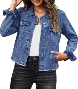 Jean Jacket Women Summer Jackets For Women Lightweight Casual Vintage Frayed Hem Casual Denim Jacket