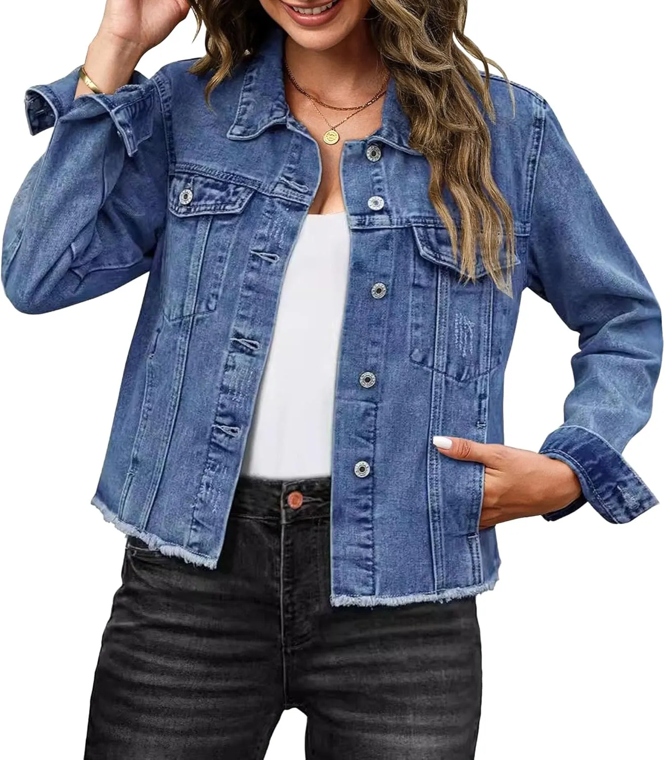 Jean Jacket Women Summer Jackets For Women Lightweight Casual Vintage Frayed Hem Casual Denim Jacket