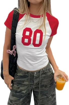 Jersey Crop Tops Y2k Short Sleeve Number Graphic Baby Tee Vintage Aesthetic Slim Fit Crewneck 00s Going Out T Shirts