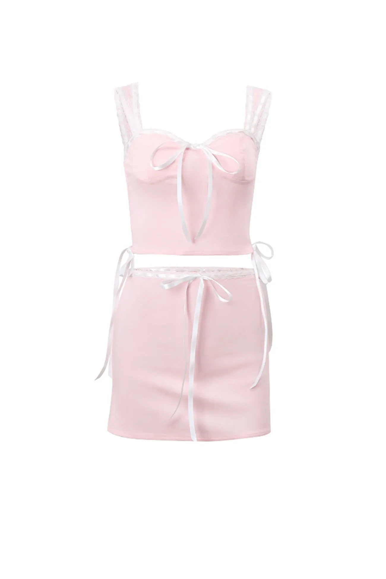 Lace Patchwork Tie-up Cami Top Mini Skirt Suits