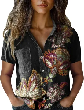 Linen Boho Tops for Women Hippie 2025 Summer Short Sleeve Button Up Shirts Vintage Floral Printed Loose Blouses