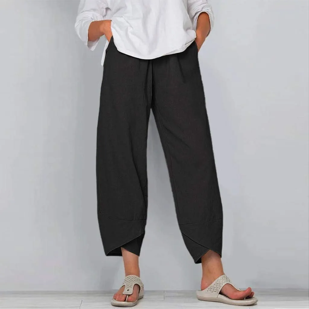Linen Pants Women Summer Casual Capri Pants Elastic Waist Crop Palazzo Trousers with Pockets Baggy Trendy Beach Pant