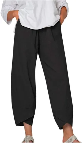 Linen Pants Women Summer Casual Capri Pants Elastic Waist Crop Palazzo Trousers with Pockets Baggy Trendy Beach Pant