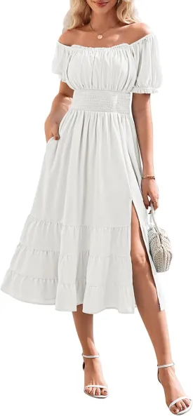 Linsery Women's Summer Square Neck Short Puff Sleeve Casual Smocked Flowy A Line Tiered Split Midi Dress