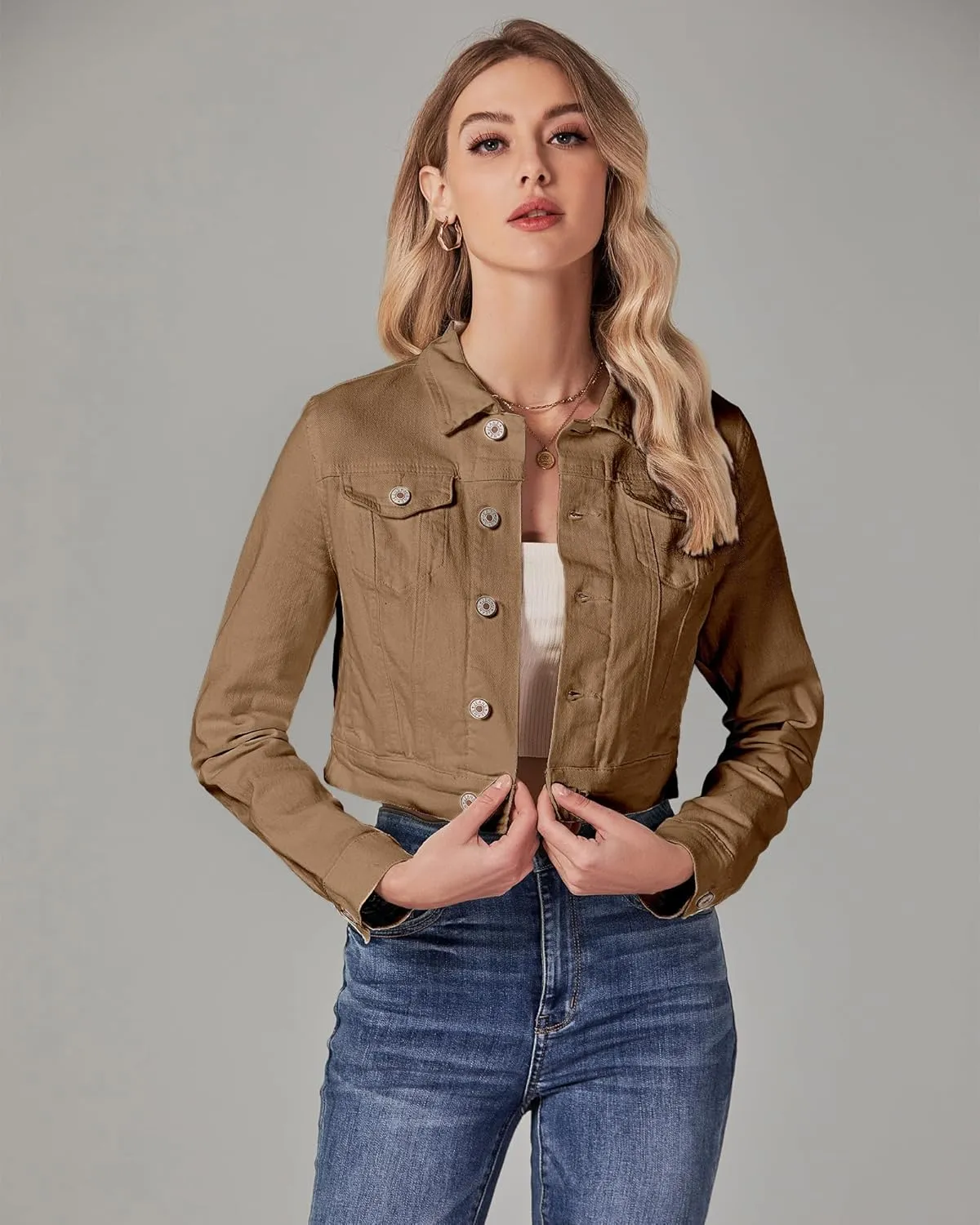 luvamia 2025 Cropped Jean Jackets for Women Fashion Short Denim Shacket Jacket Lightweight Fitted Stretchy with Pockets