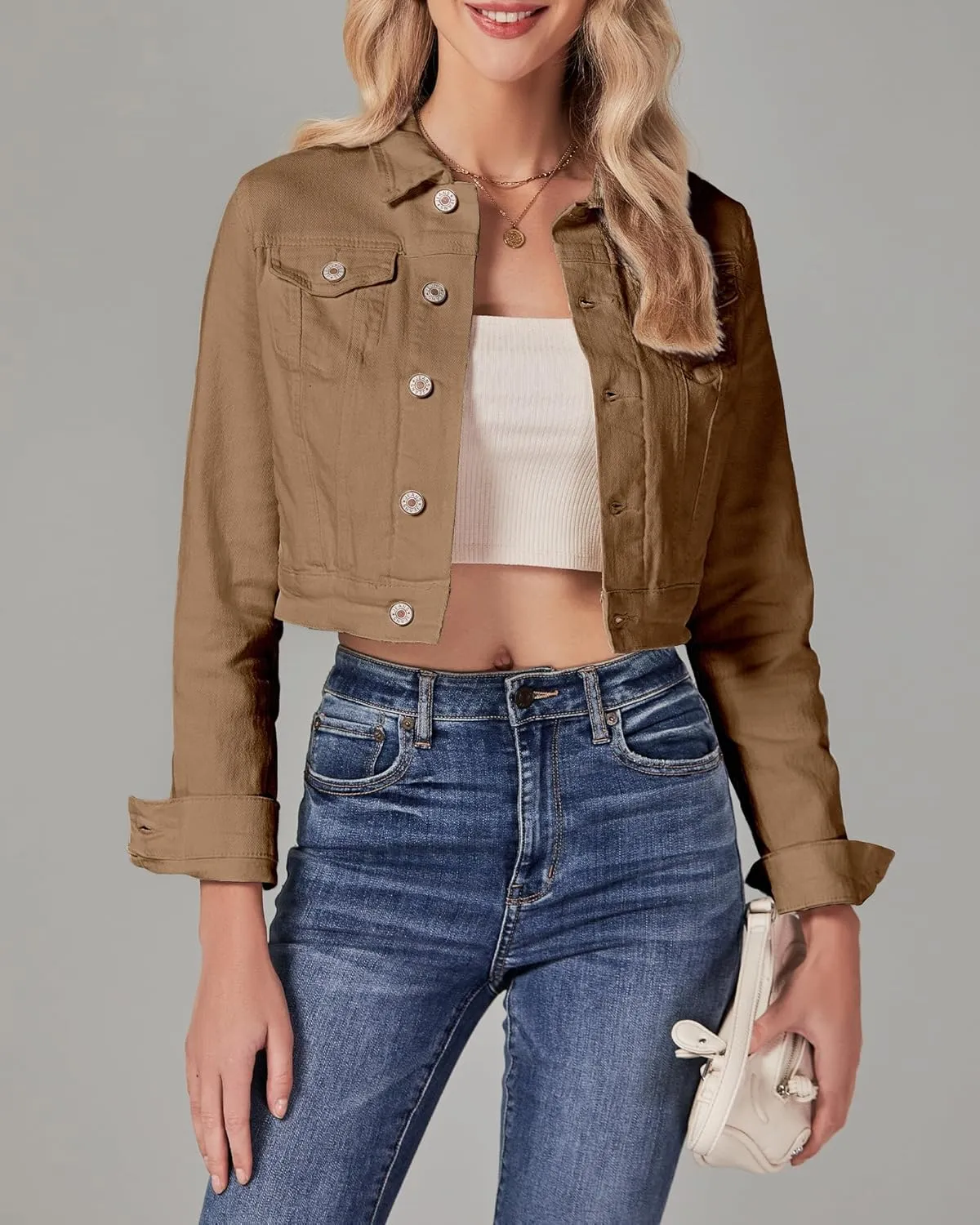 luvamia 2025 Cropped Jean Jackets for Women Fashion Short Denim Shacket Jacket Lightweight Fitted Stretchy with Pockets