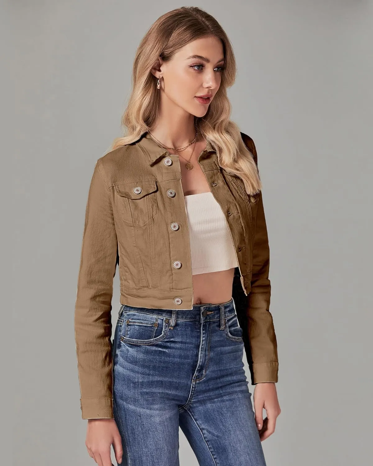 luvamia 2025 Cropped Jean Jackets for Women Fashion Short Denim Shacket Jacket Lightweight Fitted Stretchy with Pockets