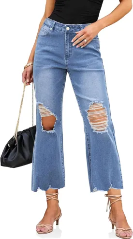 luvamia Wide Leg Jeans for Women Trendy High Waisted Flare Ripped Cropped Jeans Stretchy Distressed Denim Pants Raw Hem