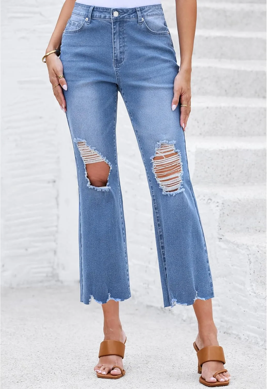 luvamia Wide Leg Jeans for Women Trendy High Waisted Flare Ripped Cropped Jeans Stretchy Distressed Denim Pants Raw Hem