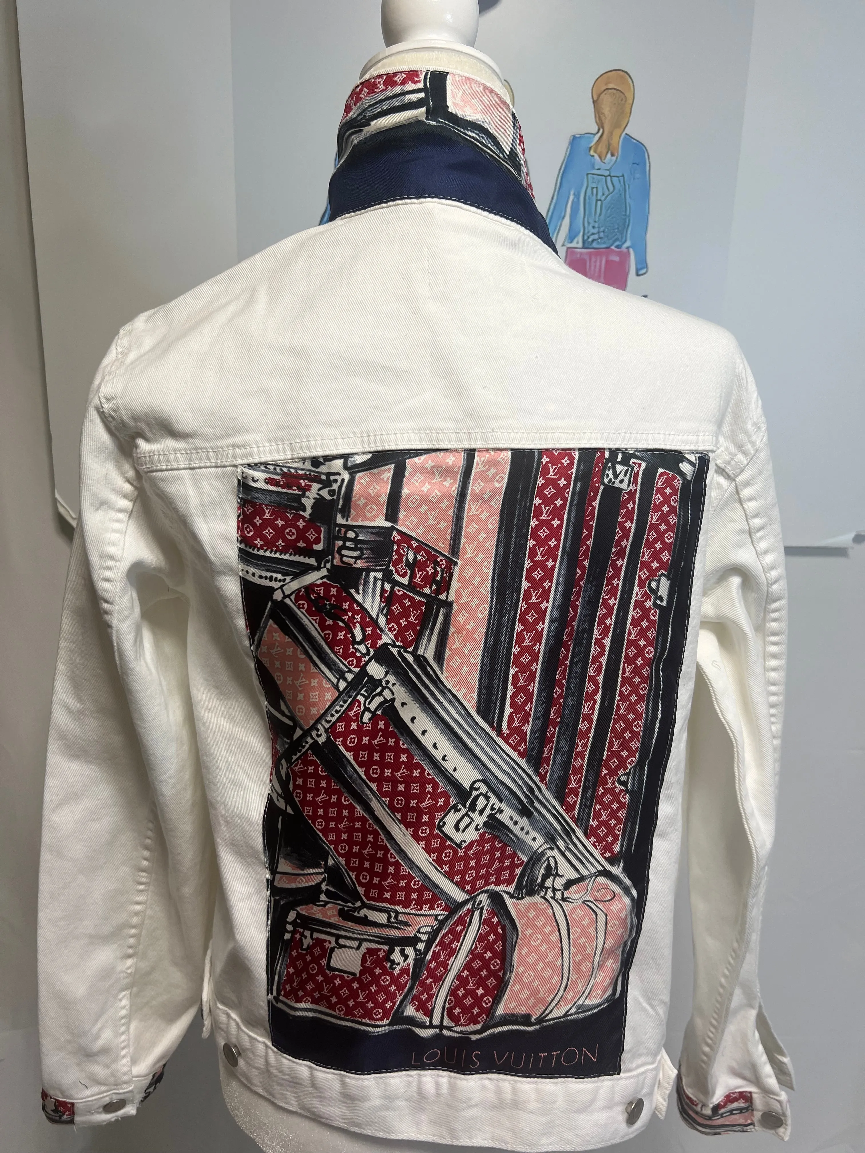 LV Trunks and Bags Red and Navy Scarf on denim Jacket