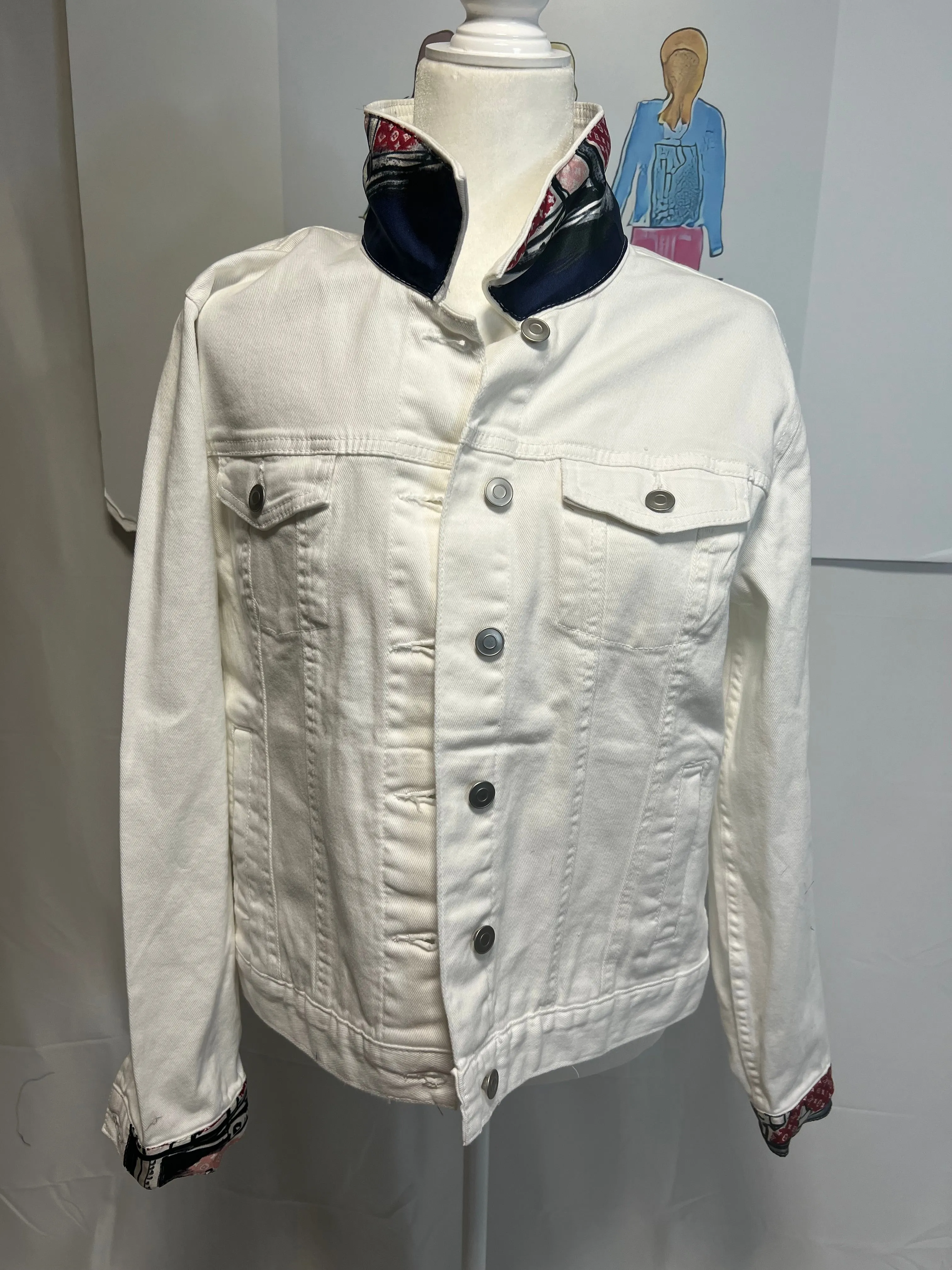 LV Trunks and Bags Red and Navy Scarf on denim Jacket