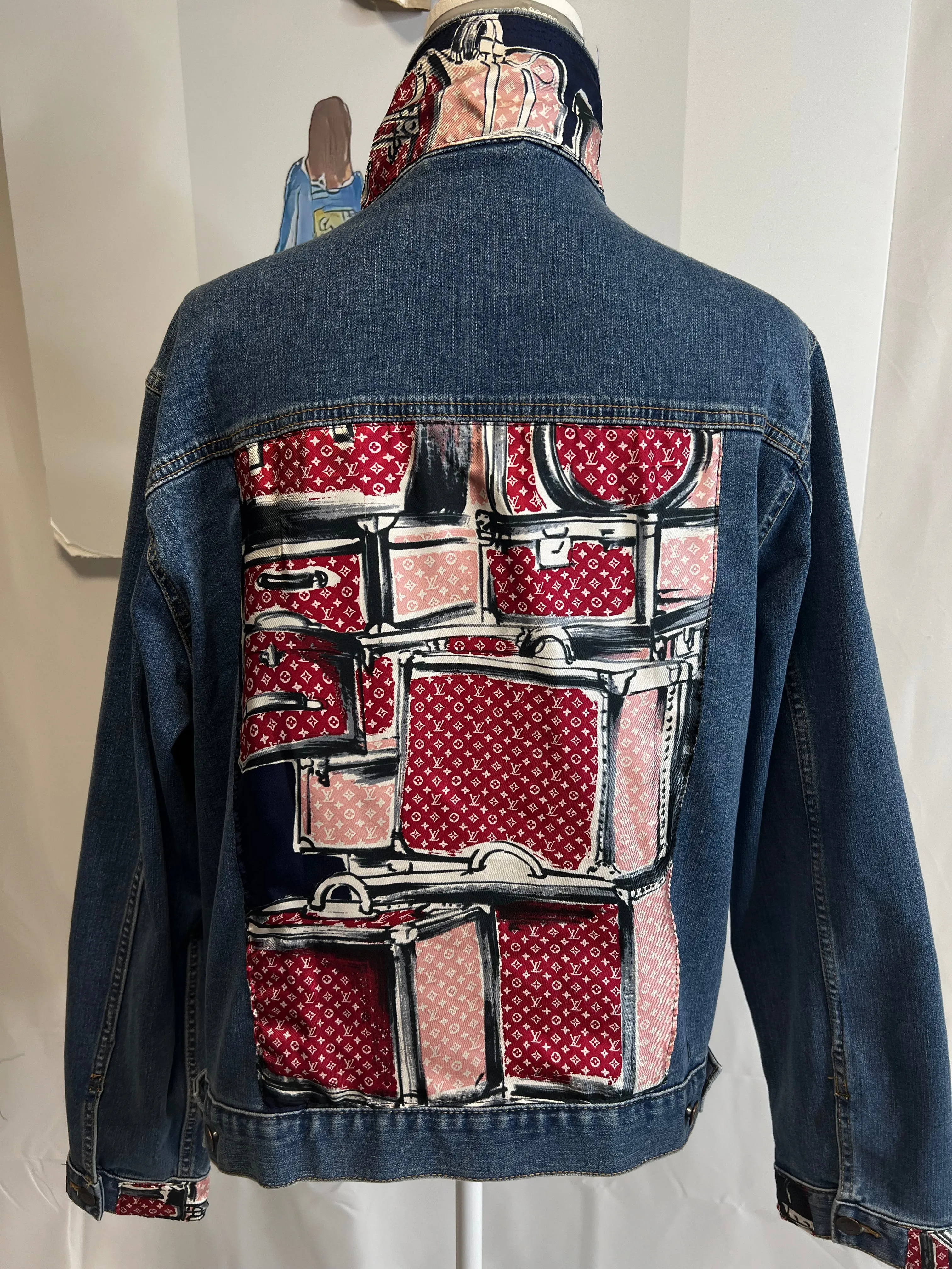 LV Trunks and Bags Red and Navy Scarf on denim Jacket
