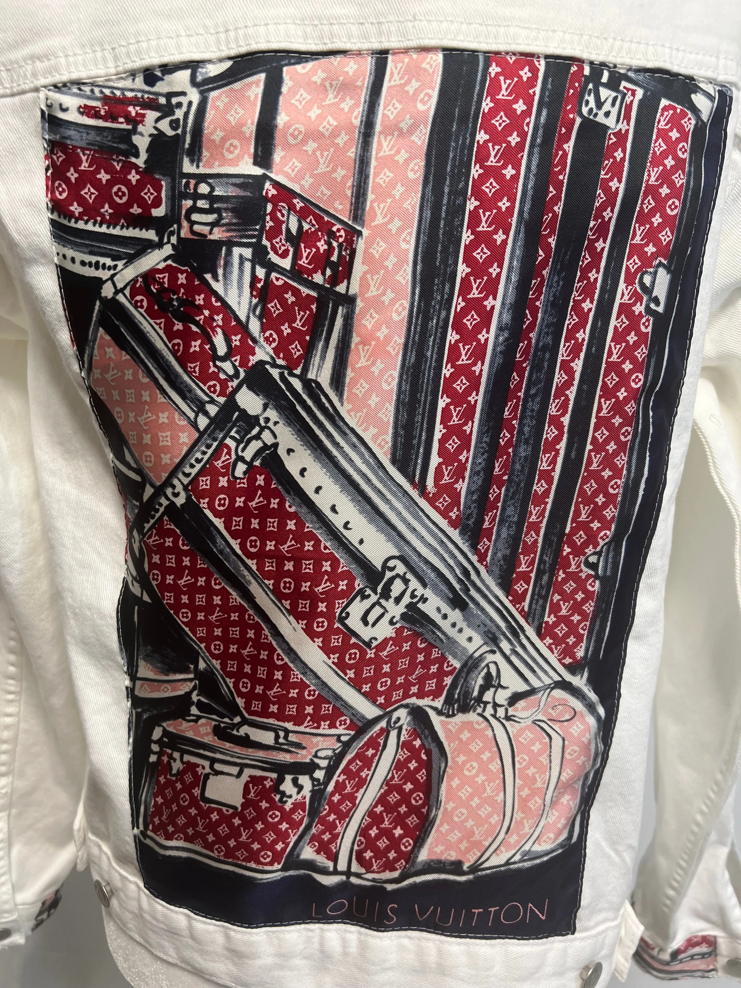 LV Trunks and Bags Red and Navy Scarf on denim Jacket
