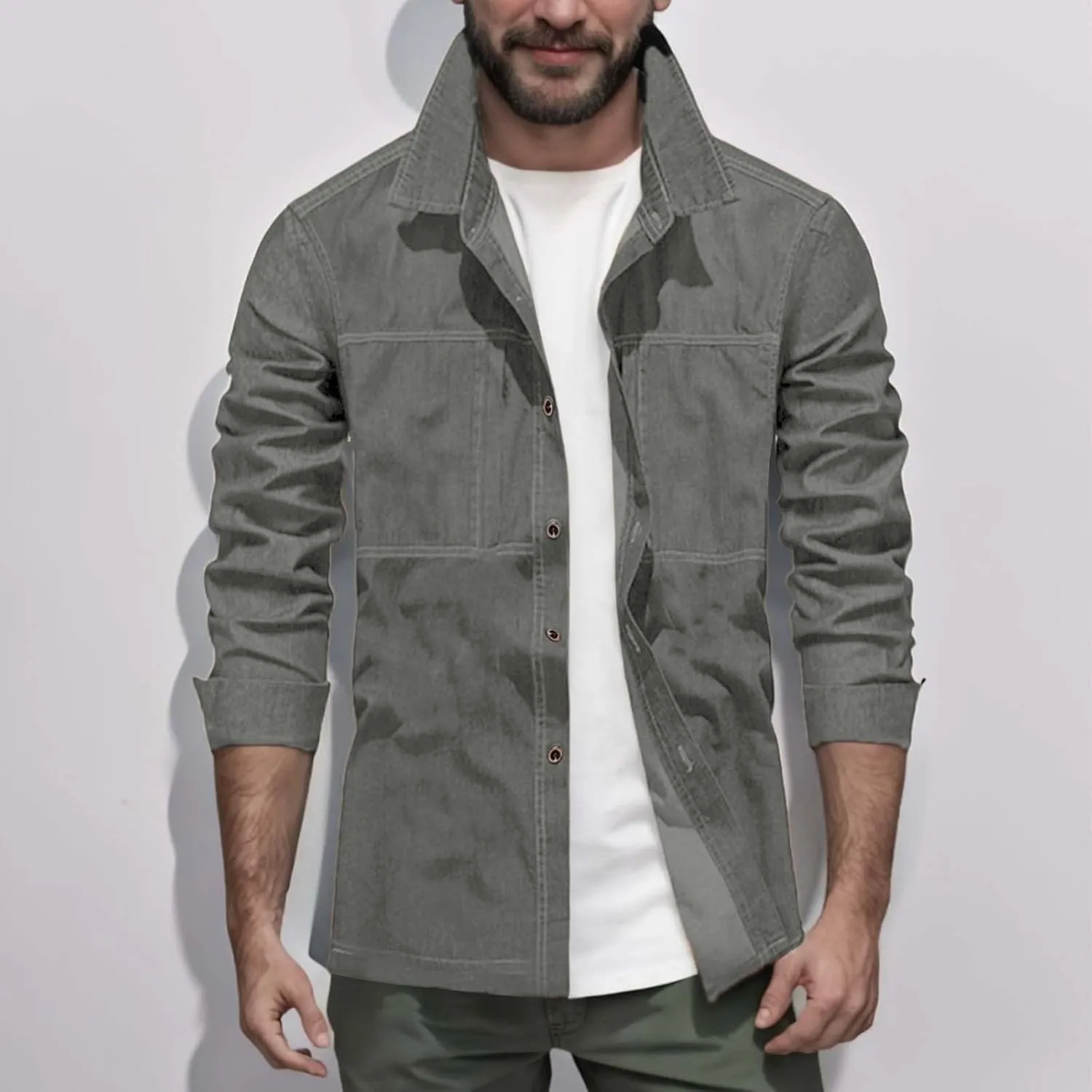Mens Jeans Slim Fit Stretch Comfy Summer Outdoor Street Denim Shirts Lapel Button Down Long Sleeve Jacket with Pocket