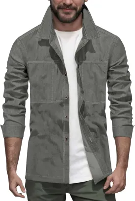 Mens Jeans Slim Fit Stretch Comfy Summer Outdoor Street Denim Shirts Lapel Button Down Long Sleeve Jacket with Pocket
