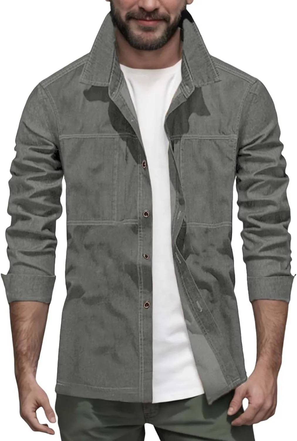 Mens Jeans Slim Fit Stretch Comfy Summer Outdoor Street Denim Shirts Lapel Button Down Long Sleeve Jacket with Pocket