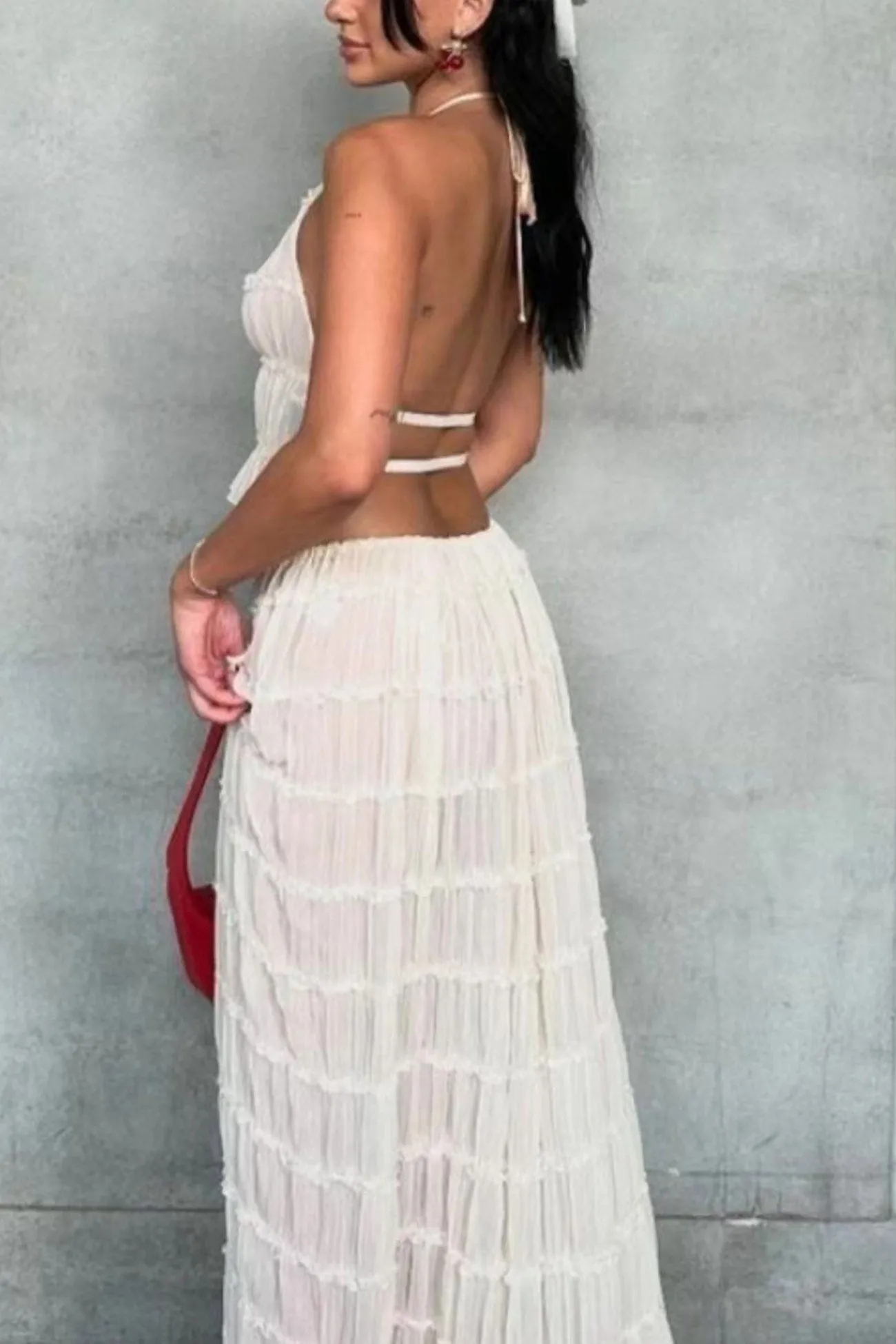 Mesh Lace Halter Vest Tiered Skirt Suits