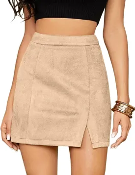 Mulisky Skirts for Women, Faux Suede High Waist Side Split Zipper Mini Skirts