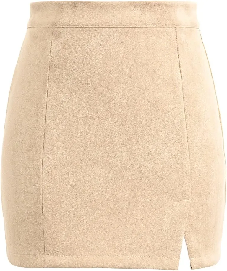 Mulisky Skirts for Women, Faux Suede High Waist Side Split Zipper Mini Skirts