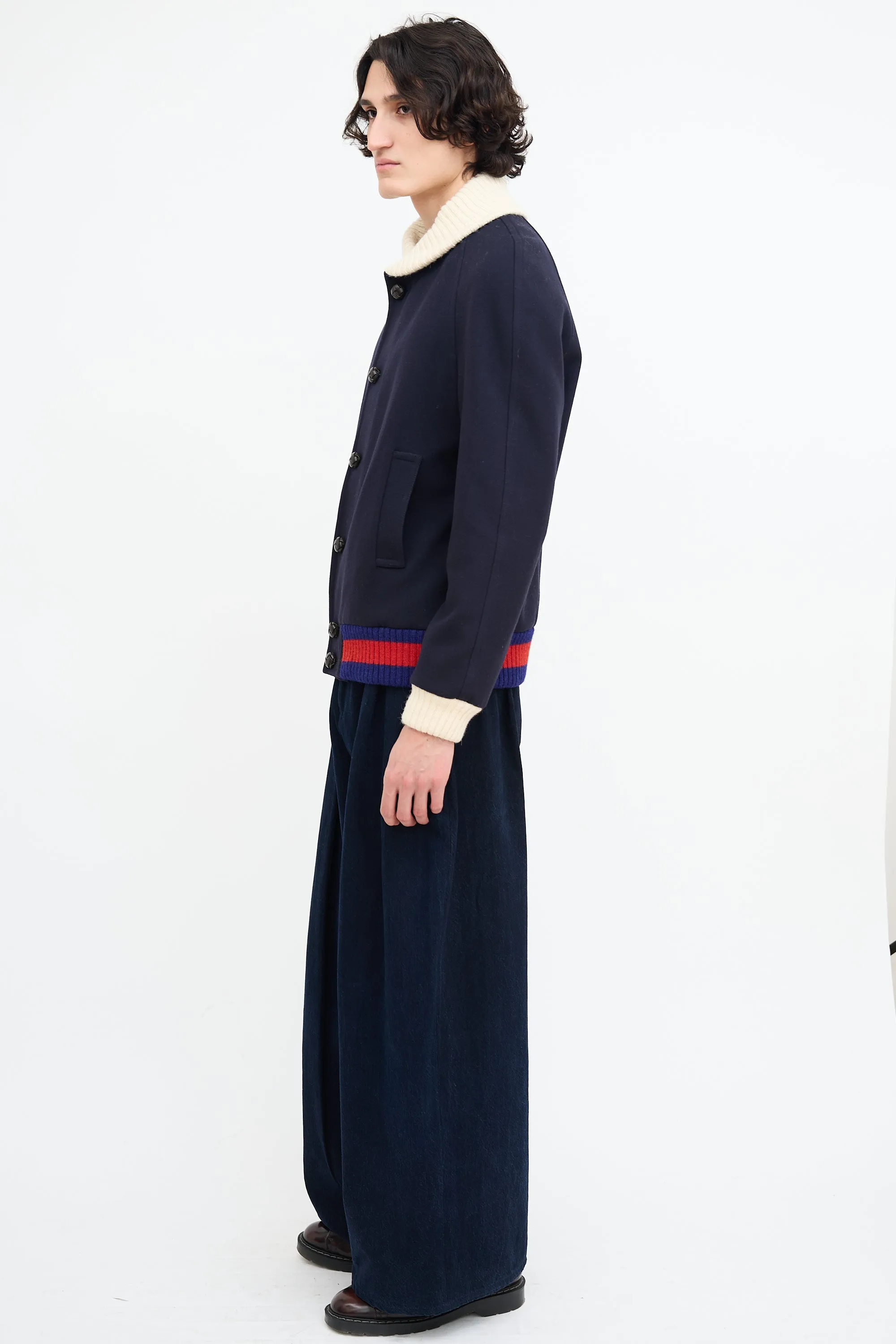 Navy Wool Padded Bomber Jacket