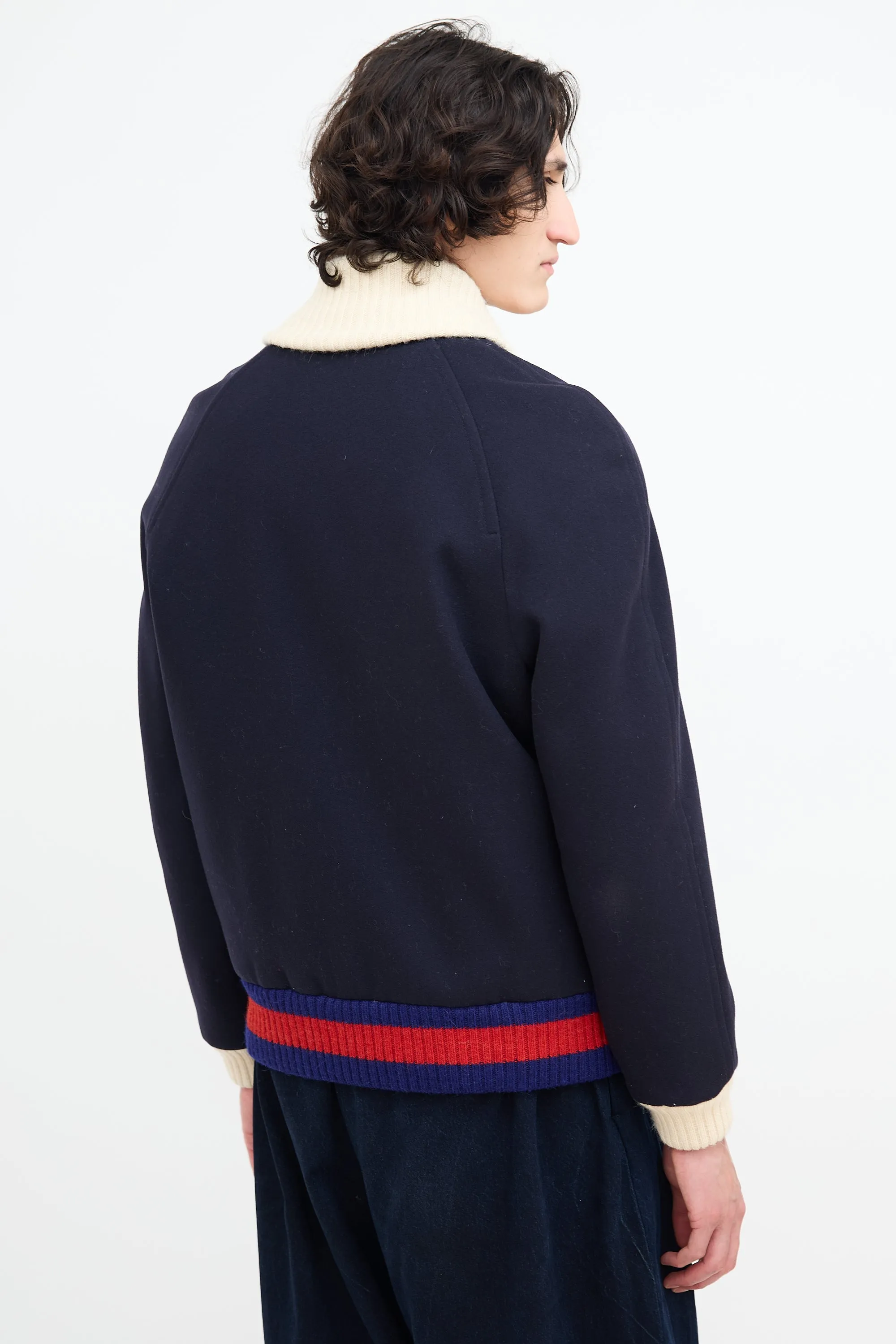 Navy Wool Padded Bomber Jacket