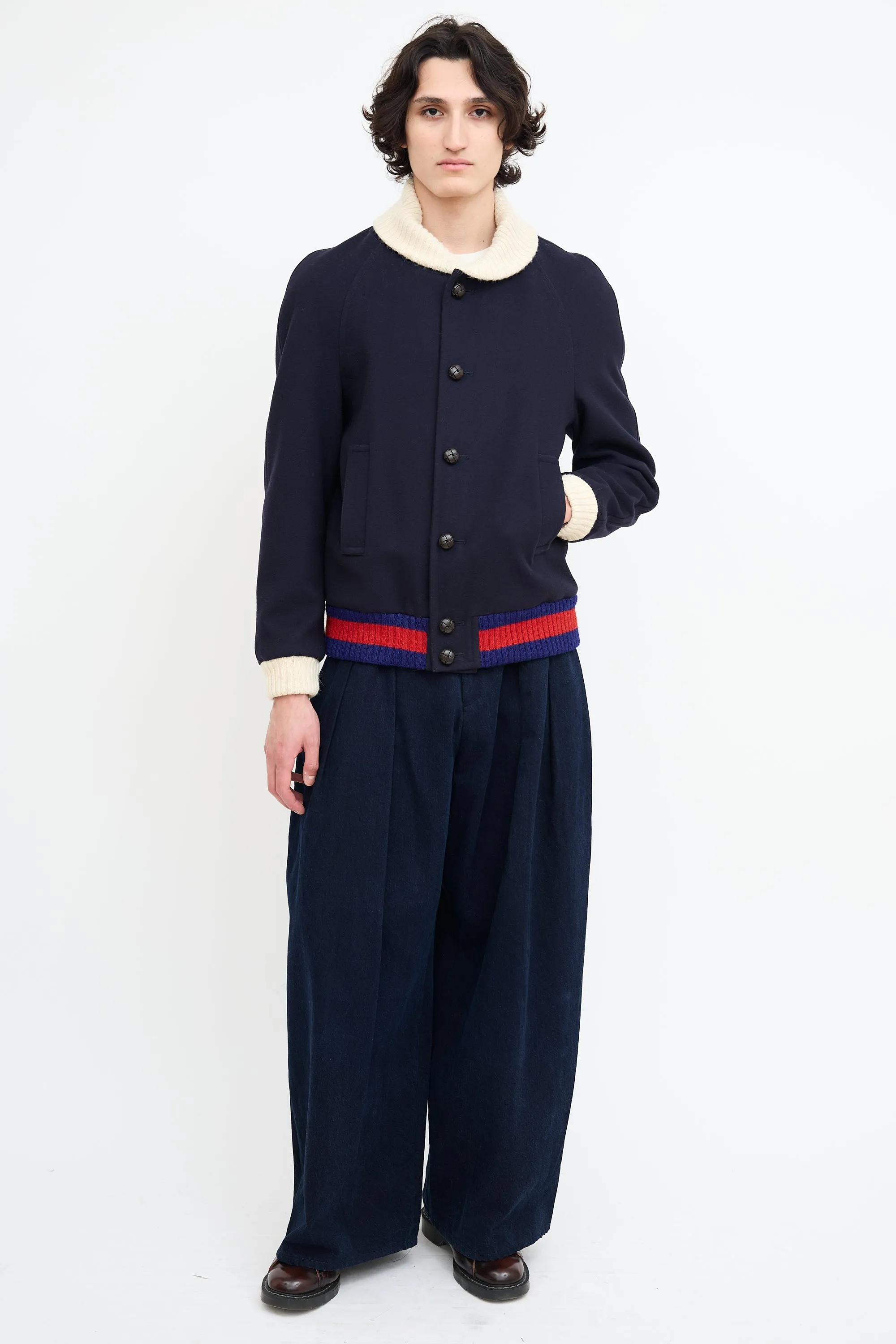 Navy Wool Padded Bomber Jacket