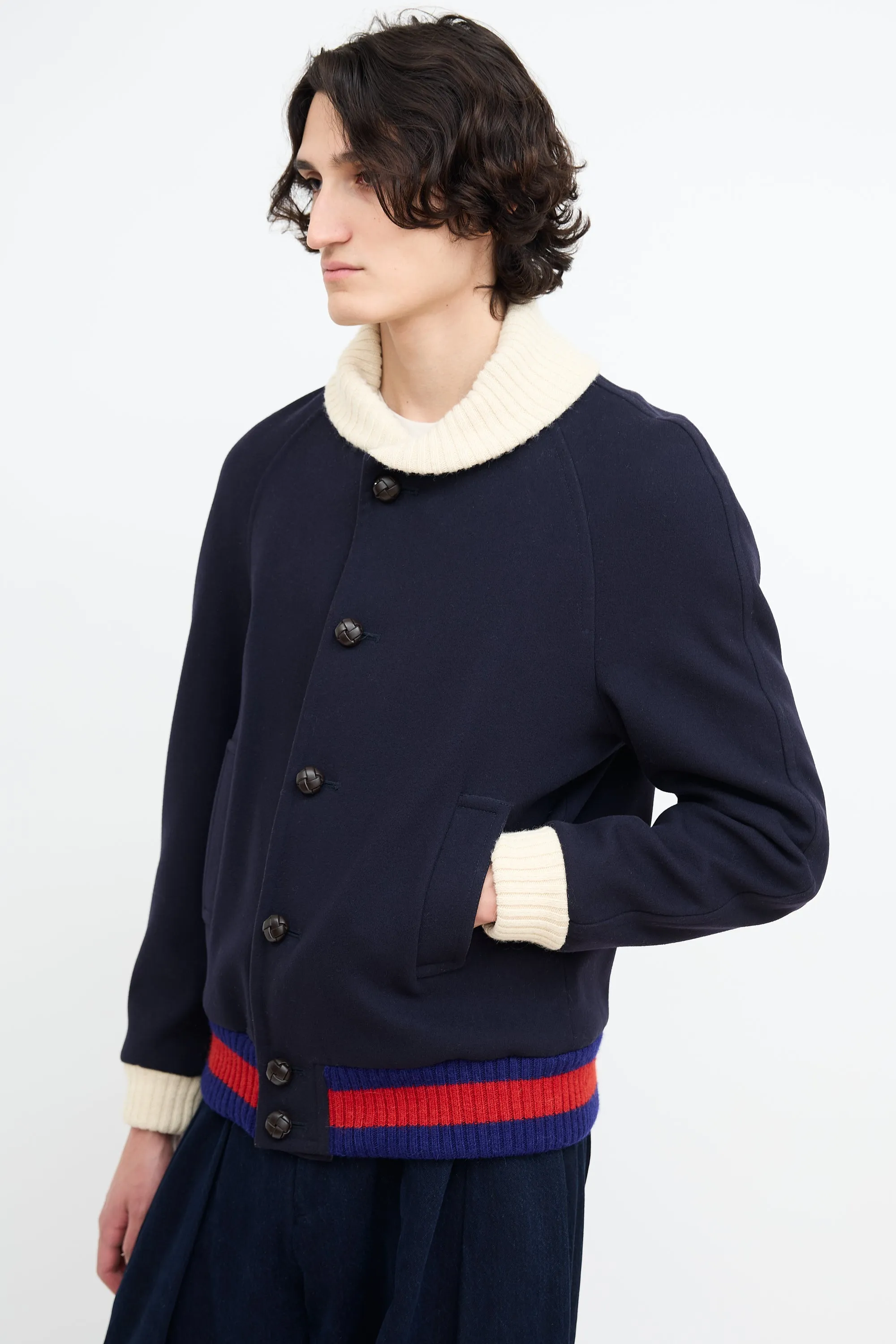 Navy Wool Padded Bomber Jacket