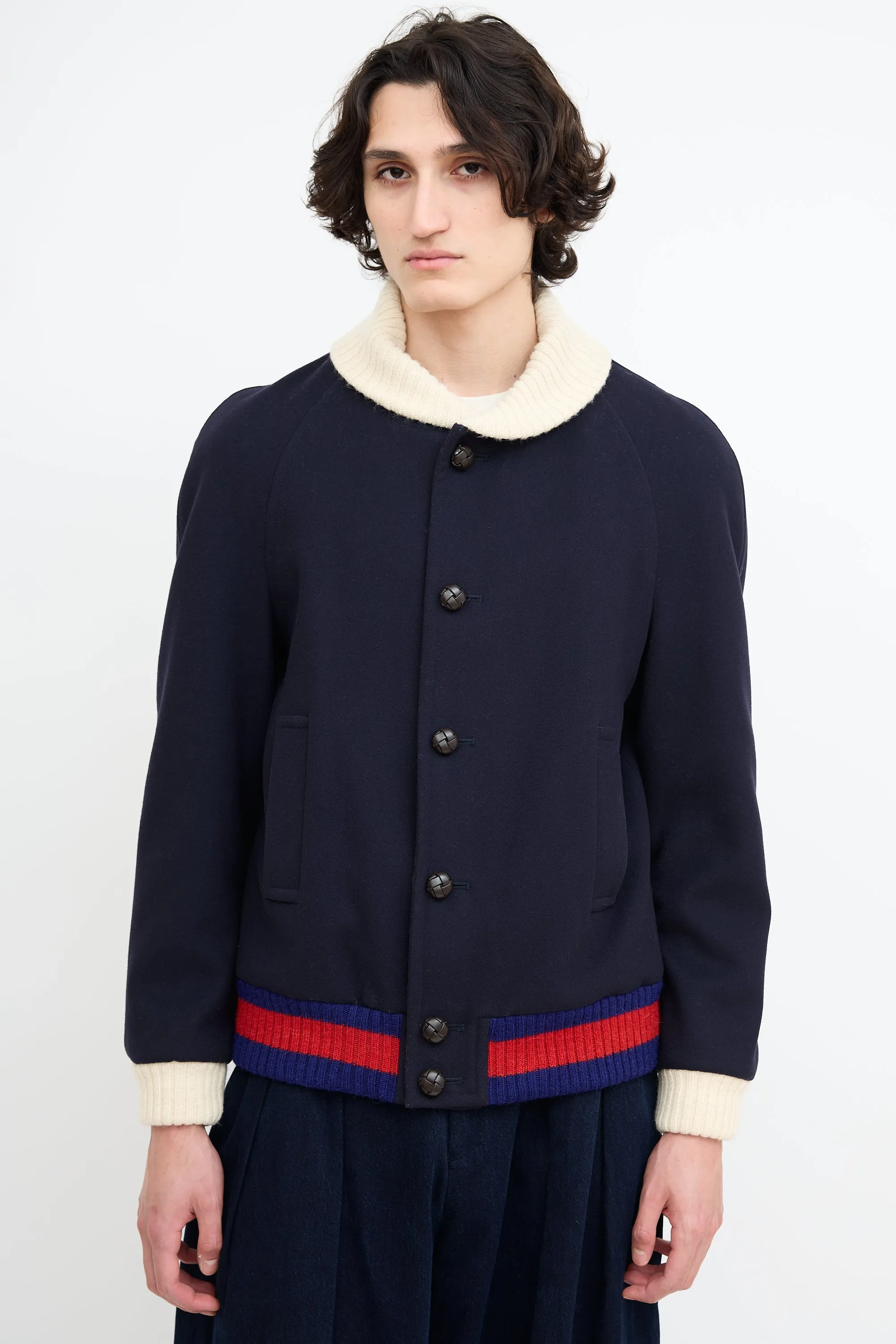 Navy Wool Padded Bomber Jacket