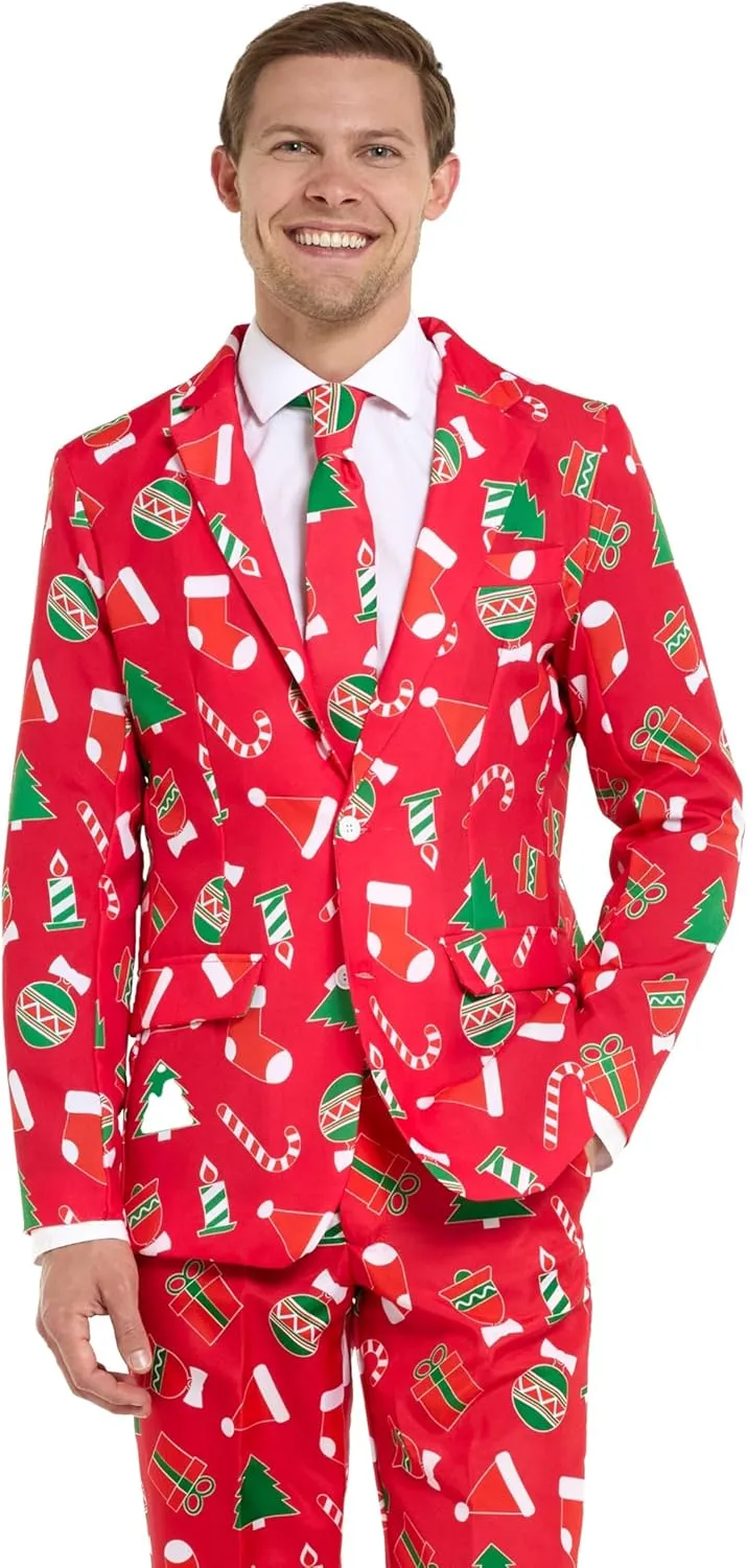 Offstream Men's Party Costumes - Christmas Theme Party Suits - Slim Fit - Includes Matching Blazer Jacket, Pants & Tie