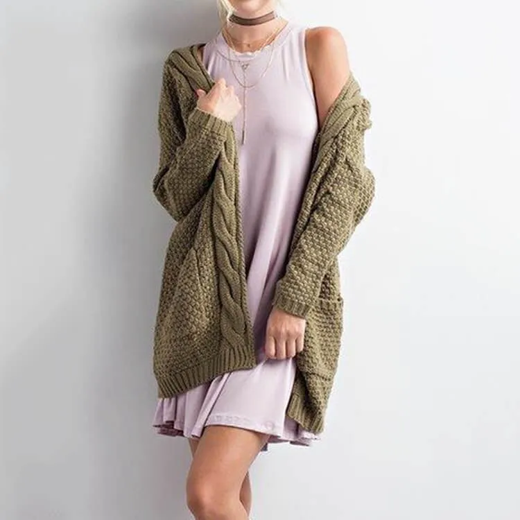 Oversized Cable Knit Pockets Cardigan