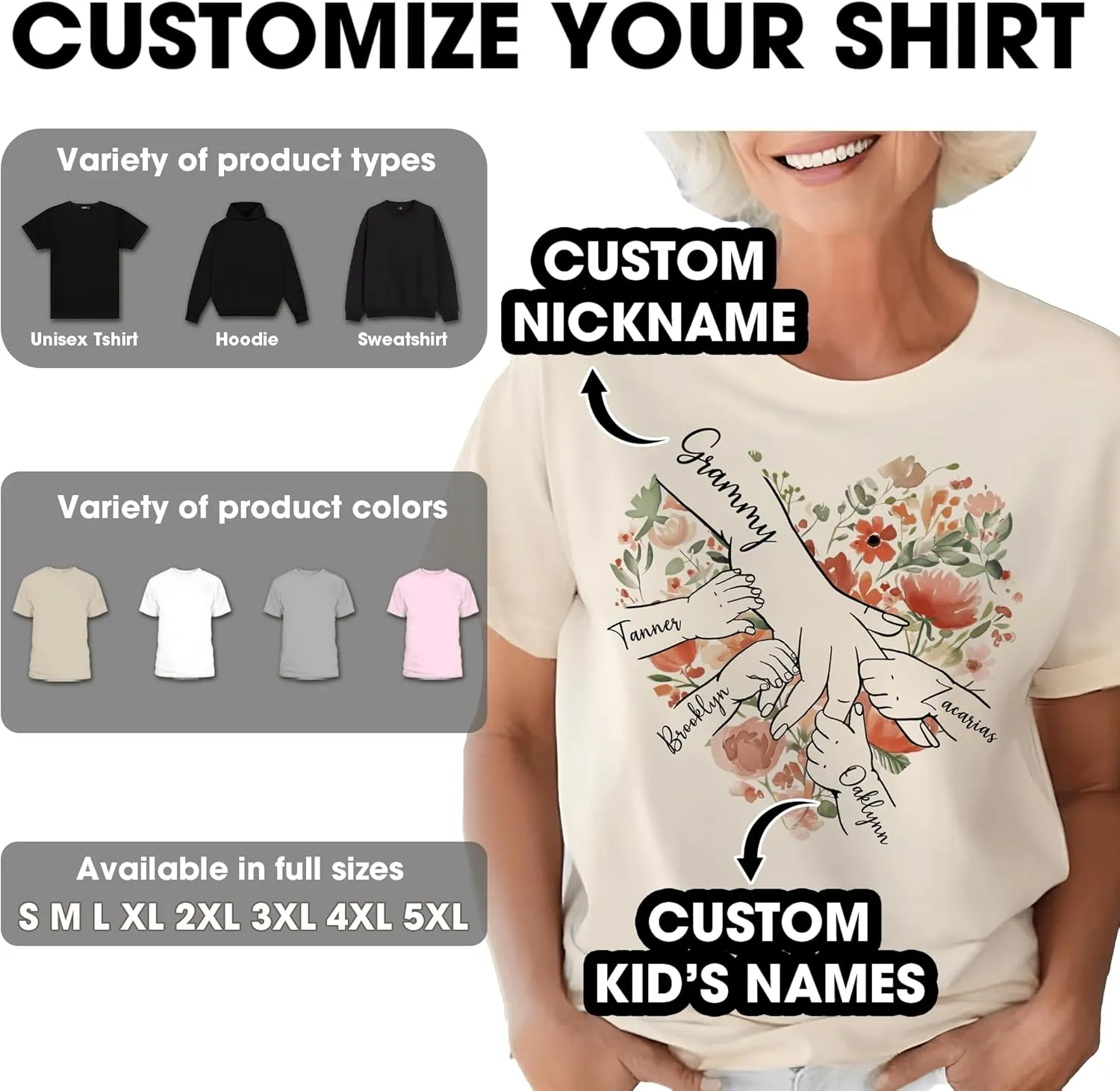 Personalized Grandma Shirt with Kid's Name, Custom Mom Shirt for Mother's Day, Women Gift Shirt for Nana Mimi Gigi Mama