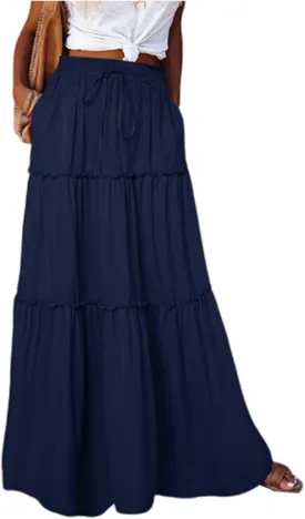 Pleated Maxi Skirts for Women Trendy Tiered Flowy Skirt Drawstring High Waisted Long Skirt A Line Ruffle Skirt