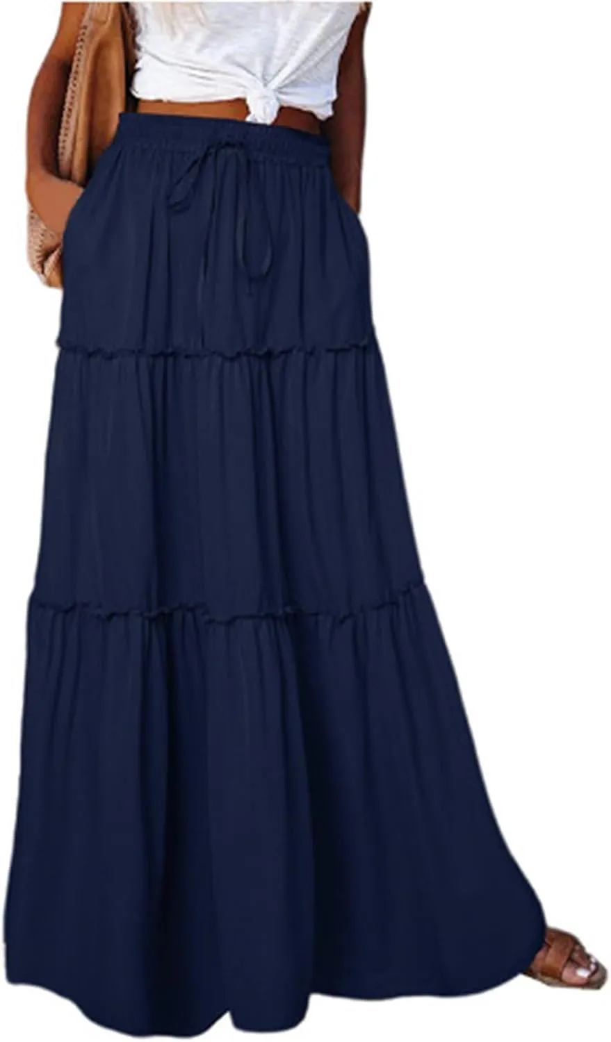 Pleated Maxi Skirts for Women Trendy Tiered Flowy Skirt Drawstring High Waisted Long Skirt A Line Ruffle Skirt