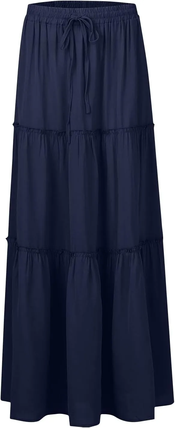 Pleated Maxi Skirts for Women Trendy Tiered Flowy Skirt Drawstring High Waisted Long Skirt A Line Ruffle Skirt